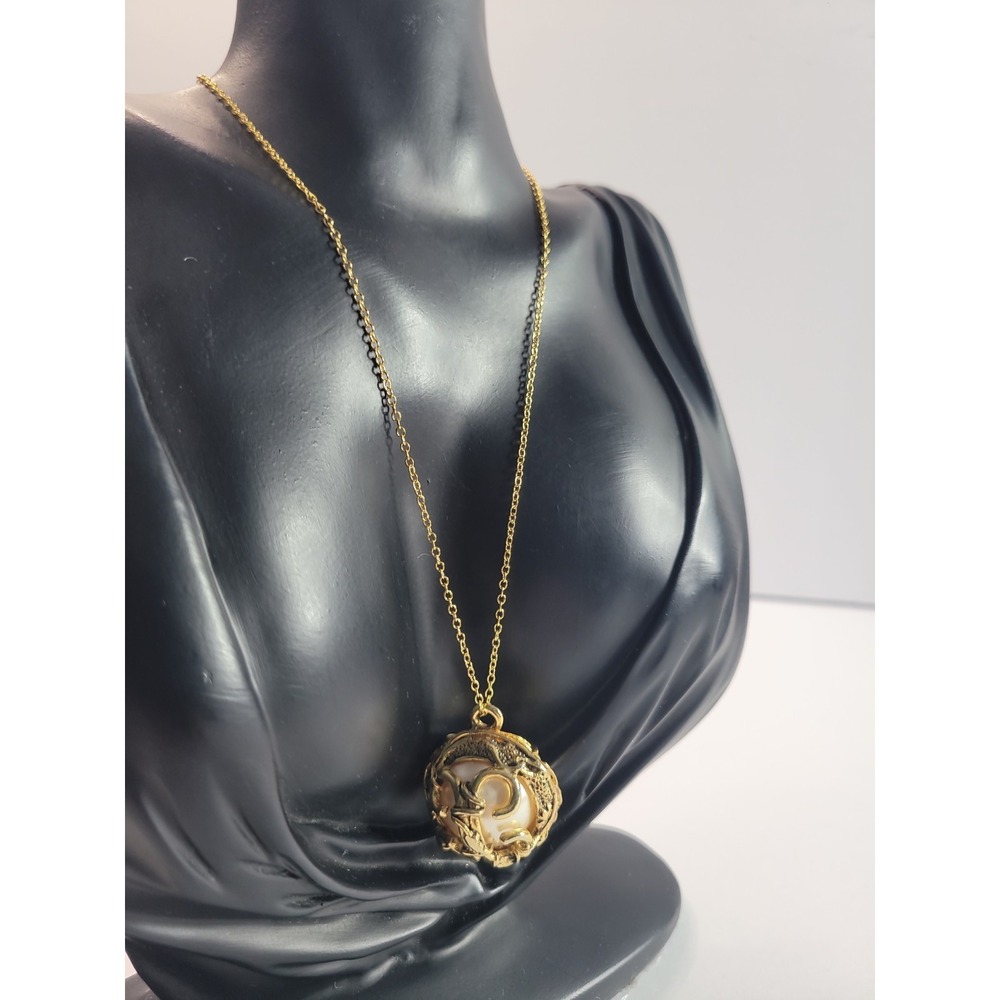 Vintage Gold Tone Dragon Pendant Necklace White Ball Middle Figural Fantasy